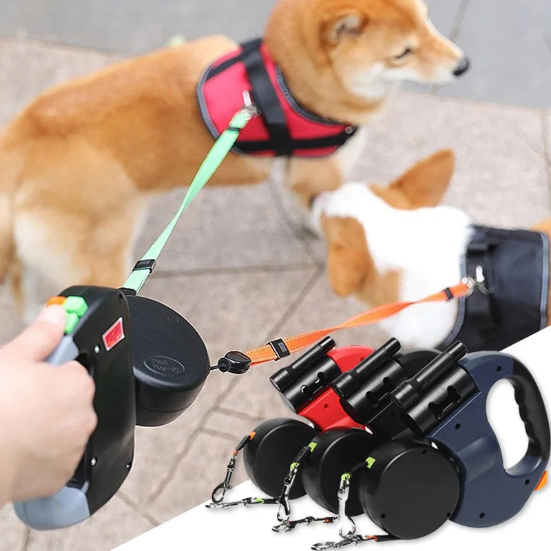 Automatic retractable two-end pet Dog leash with LED Light, 360 Swivel No Tangle for Each Adjustable Strap Auto Pet Leash Rope