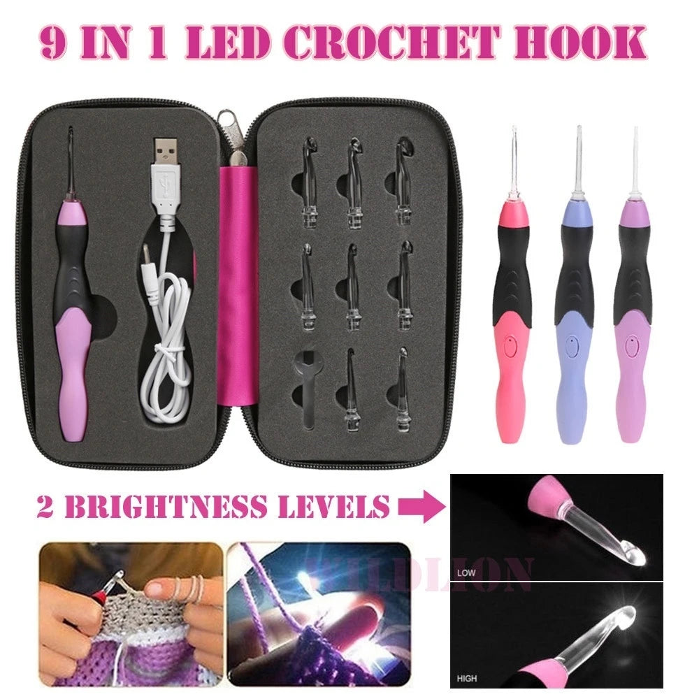 9 in 1 USB Light Up Crochet Hooks Handmade Knitting Needles LED Sewing Tools Set DIY Weaving Sweater Tool Kit Sewing Accessories
