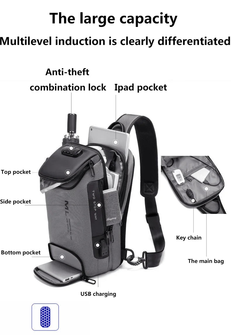 Men Fashion Anti-theft Lock Multifunction Shoulder Bags USB Charging Sling Crossbody Travel Messenger Chest Bag Pack For Male