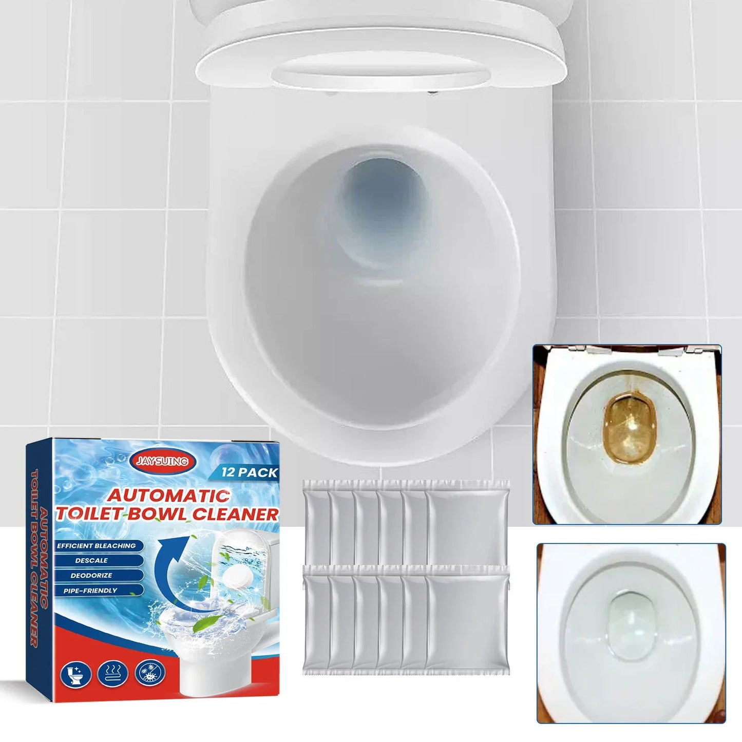 12pcs Automatic Toilet Bowl Cleaner Tablets with Bleach - Sustained-Release, Easy-Dissolve Formula, Efficient Stain Removal, Min